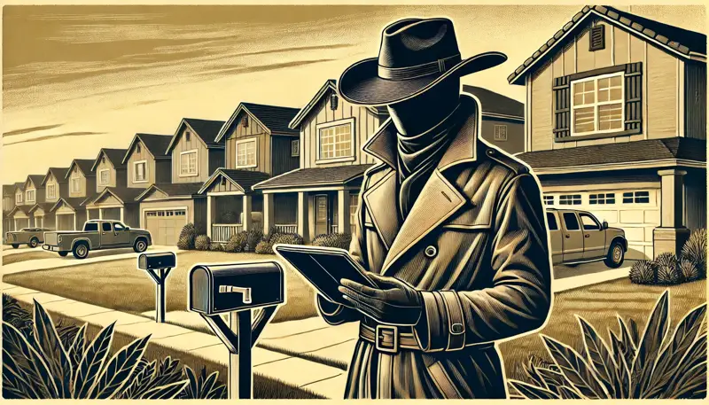 Illustration of a service professional in a trench coat and hat using a digital tablet for quoting in a suburban neighborhood, representing digital quote generation and service business efficiency.