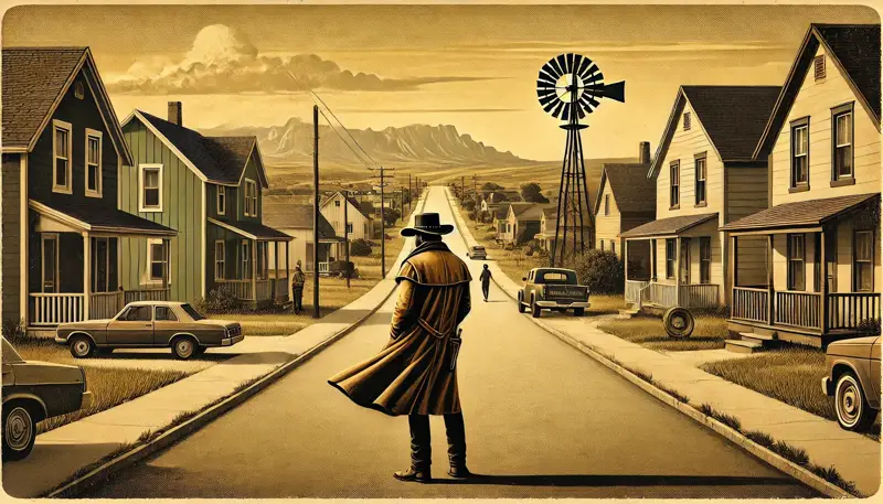 Stylized artwork of a modern cowboy in a suburban neighborhood, symbolizing service industry marketing and five arounds door-to-door strategies.