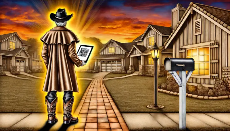 Illustration of a service professional in a cowboy outfit holding a digital door hanger with a QR code, standing in a suburban neighborhood at sunset, representing smart door hangers and QR code marketing for local services.